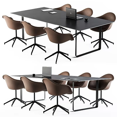 Black Modern Conference Table With Brown Chairs Metal Legs And Laptop On Top 3d model
