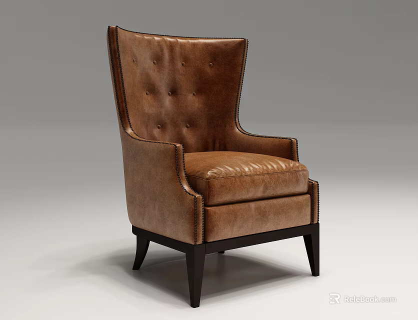Classic Brown Leather Accent Chair with Tufted Backrest Curved Arms and Dark Wooden Legs 3d model 