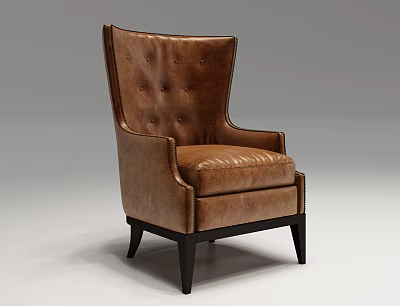Classic Brown Leather Accent Chair with Tufted Backrest Curved Arms and Dark Wooden Legs 3d model