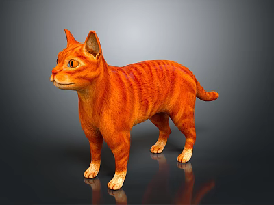 Orange Striped Cat With Orange Eyes Standing On Dark Background With Reflection 3d model