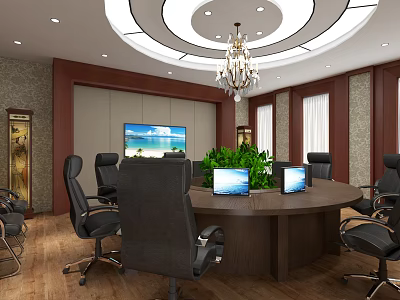 Modern Conference Room With Round Table Black Chairs Laptops Green Plants Wooden Decor And Chandelier 3d model