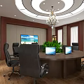 Modern Conference Room With Round Table Black Chairs Laptops Green Plants Wooden Decor And Chandelier