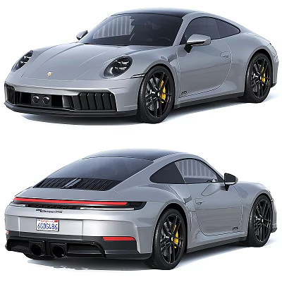 Silver Porsche 911 Sports Car with Streamlined Body Black Wheels and Yellow Brake Calipers 3d model