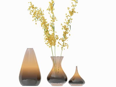 Elegant Three Gradient Glass Vases With Yellow Flowers Decorative Arrangement 3d model