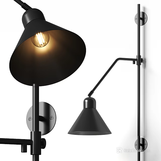 Modern Black Wall Lamp With Adjustable Arm And Conical Metal Shade 3d model 