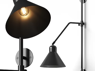 Modern Black Wall Lamp With Adjustable Arm And Conical Metal Shade 3d model