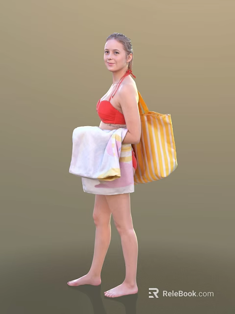 Woman In Red Bikini Top Holding Towel And Yellow Striped Tote Bag 3d model 