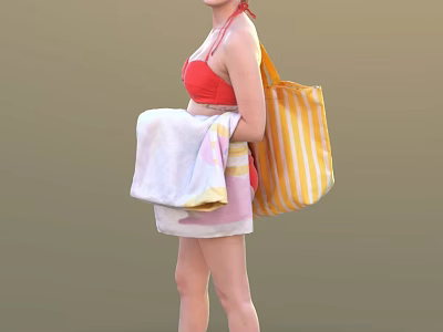 Woman In Red Bikini Top Holding Towel And Yellow Striped Tote Bag 3d model
