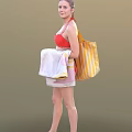 Woman In Red Bikini Top Holding Towel And Yellow Striped Tote Bag