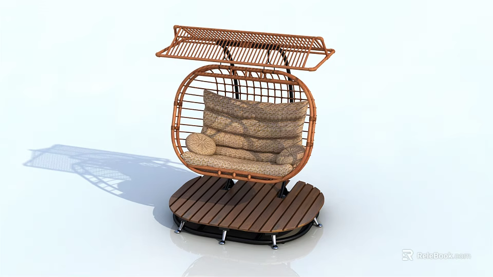 Rattan Outdoor Chair With Round Design Canopy Cushioned Seat And Wooden Swivel Base 3d model 