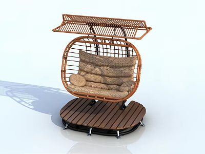 Rattan Outdoor Chair With Round Design Canopy Cushioned Seat And Wooden Swivel Base 3d model