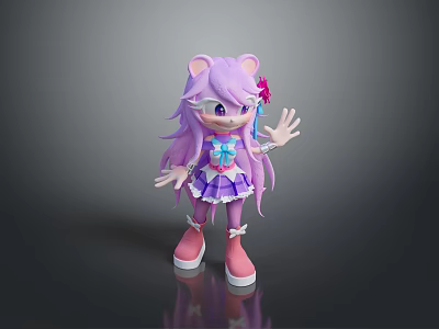 Cute Animated Purple Rabbit Character With Long Hair Bow Purple Dress Pink Shoes Waving 3d model