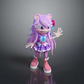 Cute Animated Purple Rabbit Character With Long Hair Bow Purple Dress Pink Shoes Waving