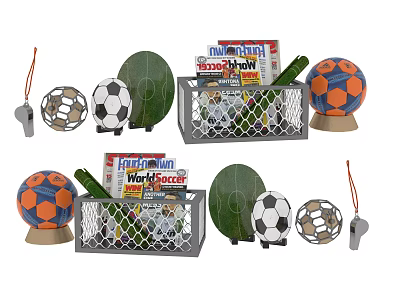 Decorative Ornament Set With Soccer Rugby Balls Wine Bottles Magazines And Metal Baskets 3d model