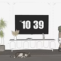 Modern White TV Stand with TV Potted Plant KAWS Figure and Cat on Rug