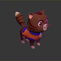Cute Brown Striped Cartoon Cat 3D Model Wearing Red Vest With Badge