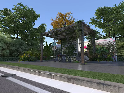 Outdoor Pergola With Climbing Vines Green Trees Colorful Foliage And Seating Area 3d model