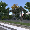 Outdoor Pergola With Climbing Vines Green Trees Colorful Foliage And Seating Area