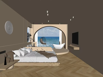 Hotel Guest Room With Arched Window Sea View King Bed TV And Wooden Floor 3d model