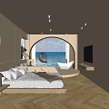 Hotel Guest Room With Arched Window Sea View King Bed TV And Wooden Floor