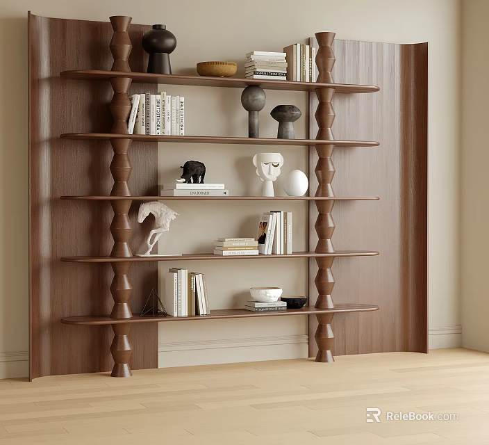 Modern Wooden Bookcase With Twisted Supports Holding Books And Decorative Items 3d model 