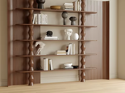 Modern Wooden Bookcase With Twisted Supports Holding Books And Decorative Items 3d model