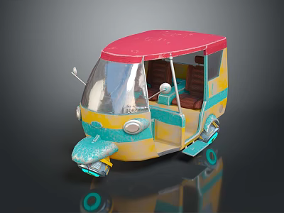 Vintage Three Wheeled Auto Rickshaw With Red Roof Yellow Blue Body And Peeling Paint 3d model