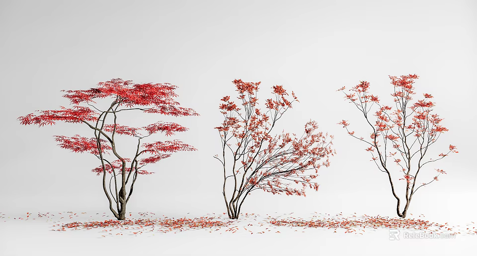 Three Red Leaf Arbor Trees With Falling Leaves On White Background 3d model