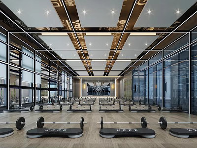 Modern Fitness Gym With Open Space Equipment Floor To Ceiling Windows And Chandeliers 3d model