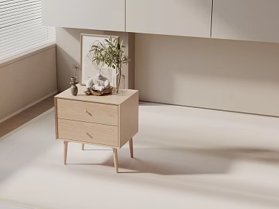 Light Wood Side Table With Two Drawers In Minimalist Interior With Vase And Decor Items 3d model