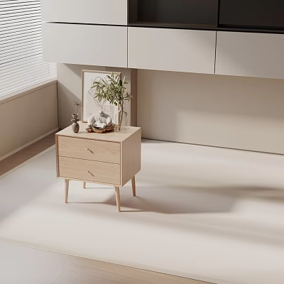 Light Wood Side Table With Two Drawers In Minimalist Interior With Vase And Decor Items 3d model