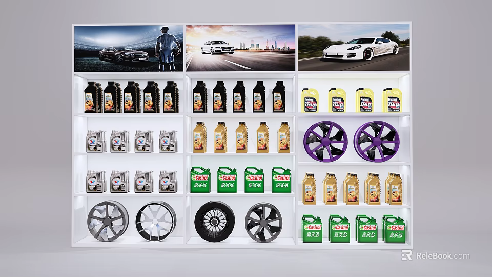 Various Car Accessories Display With Lubricant Bottles Alloy Wheels And Background Car 3d model 