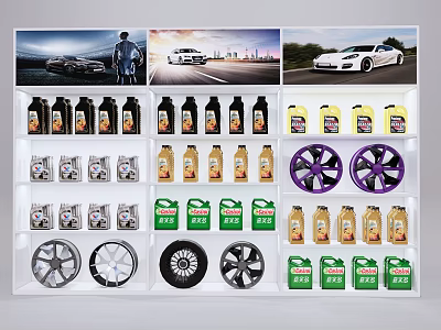 Various Car Accessories Display With Lubricant Bottles Alloy Wheels And Background Car 3d model