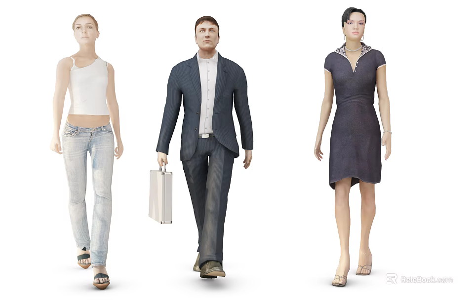 Three People Walking in Casual Jeans Business Suit and Dark Dress Outfits 3d model