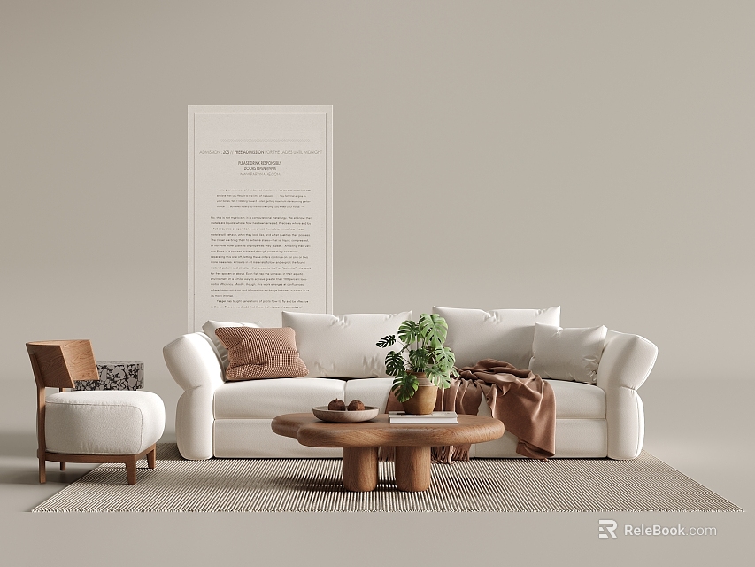 Spacious White Sofa Living Room Scene With Coffee Table Potted Plant Pillows And Rug 3d model 