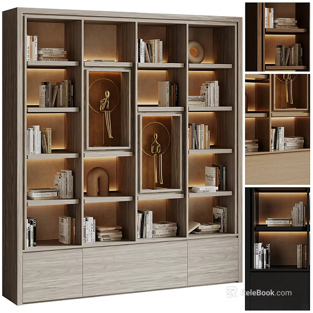 Modern Wooden Bookcase Design With Layered Shelves Decorative Sculptures And Warm Lighting 3d model 