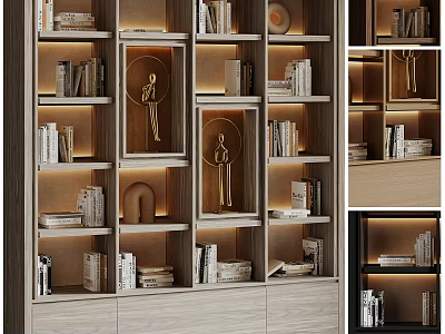 Modern Wooden Bookcase Design With Layered Shelves Decorative Sculptures And Warm Lighting 3d model