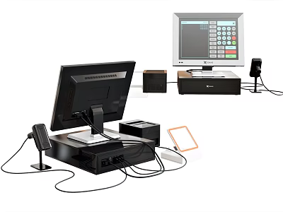 Modern Retail Business Equipment With Cash Register Monitor Scanner And Printer 3d model