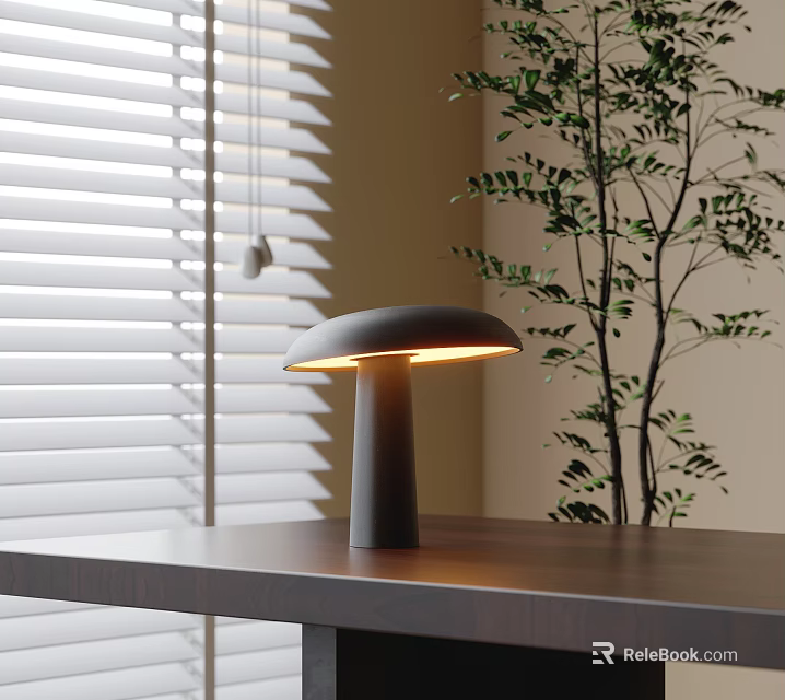 Modern Minimalist Mushroom Shaped Table Lamp On Wooden Desk With Window Blinds And Green Plant 3d model 