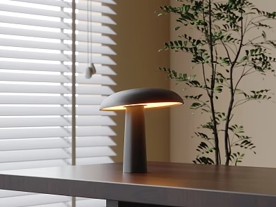 Modern Minimalist Mushroom Shaped Table Lamp On Wooden Desk With Window Blinds And Green Plant 3d model