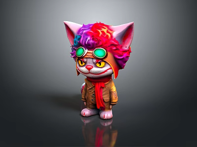 Colorful Cartoon Cat Figurine With Vibrant Fur Green Goggles Brown Coat And Red Scarf 3d model