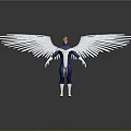 Winged Character with Large White Wings in Blue and White Suit Standing on Neutral Background
