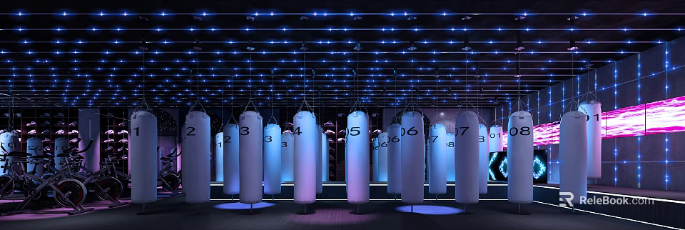 Well Equipped Fitness Training Studio With Numbered White Punching Bags And Blue Lighting 3d model 