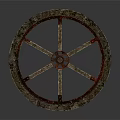 Antique Wooden Waterwheel With Metal Components Worn Spokes Gear Like Edges And Gray Background