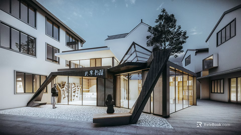 Modern Traditional Fusion Storefront Facade with Glass Structure Wooden Accents and Chinese Style Roof 3d model 