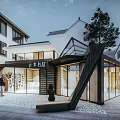 Modern Traditional Fusion Storefront Facade with Glass Structure Wooden Accents and Chinese Style Roof