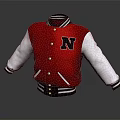 Red And White Varsity Jacket With Black N Letter Logo Button Front Striped Collar Cuffs