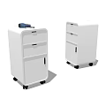 Two White Mobile Storage Cabinets With Drawers Cabinet Doors Wheels And Item On Top