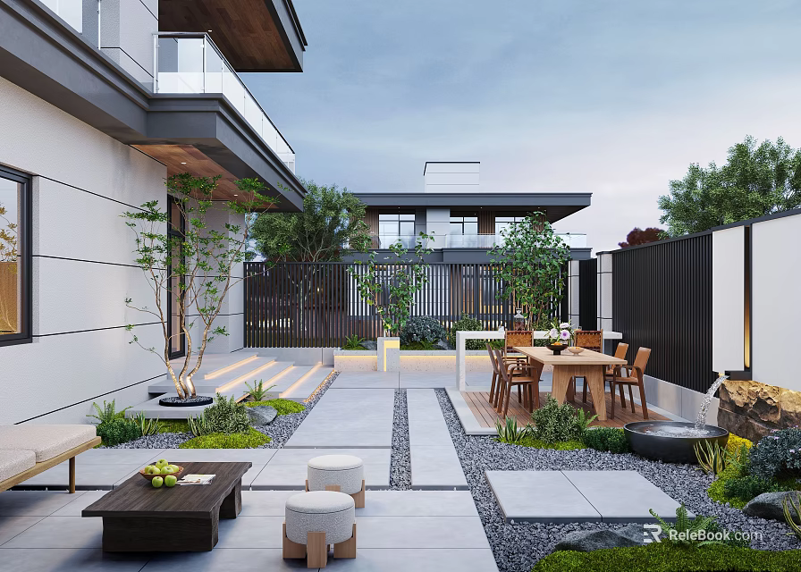 Modern Outdoor Garden Design With Stone Patio Wooden Dining Set And Green Plants 3d model 