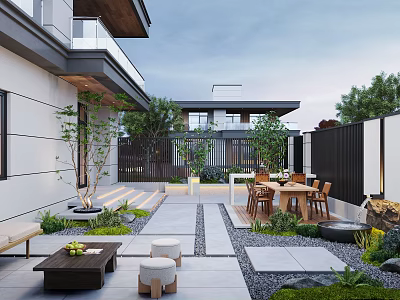 Modern Outdoor Garden Design With Stone Patio Wooden Dining Set And Green Plants 3d model